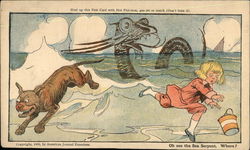 Boy and Dog Chased by Sea Monster Postcard