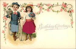 Birthday Greetings with Flowers & Children Postcard