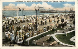 Boardwalk and Beach, showing Fishing Pier Asbury Park, NJ Postcard Postcard