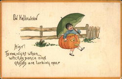 On Halloween Night with Child & Jack O'Lantern Postcard