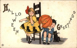 Halloween Greetings with Jack O'Lantern, Children & Cats Postcard Postcard