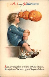 A Jolly Halloween with Child & Jack O'Lanterns Postcard Postcard