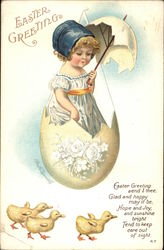 Easter Greeting with Girl, Egg & Ducklings With Children Postcard Postcard