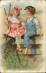 Boy and Girl on Fence Postcard