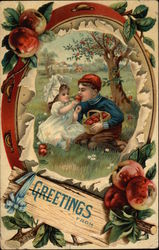 Greetings with Children & Apple Tree Postcard