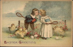 Easter Greeting with Children & Chicks Postcard Postcard