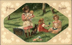 A Happy Easter with Children, Flowers & Eggs Postcard