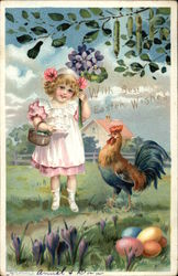 With Best Easter Wishes - Girl & Rooster with Eggs Postcard Postcard