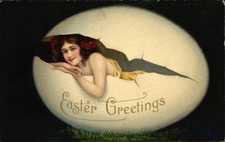 Easter Greetings with Woman Hatching from Egg Postcard