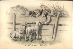 Joyous Easter with Children & Lambs With Lambs Postcard Postcard