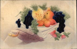 Bowl of Fruit next to Bird Postcard