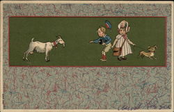 Little Boy Tries to Feed a Billy Goat While a Girl Walking a Dog Pulls on His Pants Goats Postcard Postcard