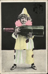 Little Girl Dressed as a Clown Holding Huge Bottle of Champagne Postcard