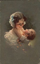 Mother with Blue Bow in Hair Holding Little Girl Postcard