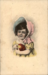 Young Girl Wearing Pink Bonnet & Holding Apple Postcard