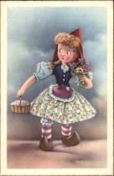 Little Dutch Girl Holding Basket and Bouquet of Flowers Postcard