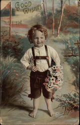 Good Wishes with Young Boy Holding Flowers Postcard