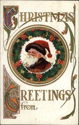 Christmas Greetings with Santa & Holly Wreath Postcard