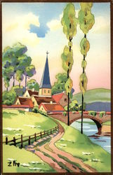 Watercolor Landscape of Lane Into Town and Bridge Art Zim Postcard Postcard