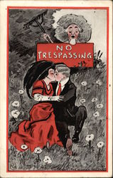 Kissing Couple under "No Trespassing" Sign Couples Postcard Postcard