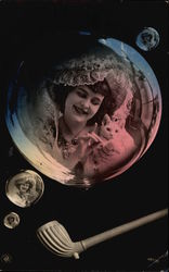 Woman and Cat in Bubbles Women Postcard Postcard