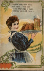 Drawing of Woman Serving Food and Beer Women Postcard Postcard