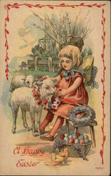 A Happy Easter with Girl, Lambs, & Chicks With Lambs Postcard Postcard