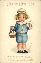 Easter Greetings with Child holding Egg Basket Postcard