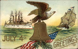 July 4th Greetings with Eagle, Liberty Bell & Ships 4th of July Postcard Postcard