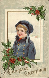 Christmas Greetings with Boy & Holly Postcard