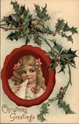 Christmas Greetings with Young Girl & Holly Postcard