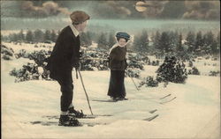 Couple Snow Skiing in the Moonlight Couples Postcard Postcard