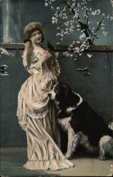 Girl in Victorian Dress with Bird & Large Dog Postcard