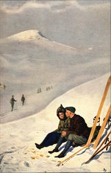 Couple Sitting in the Snow with Skis Postcard