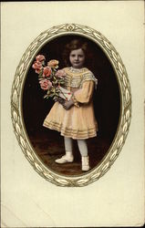 Little Girl in Yellow Dress Holding Bouquet of Roses Girls Postcard Postcard