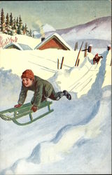 Children Sledding in the Snow Postcard Postcard