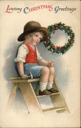 Loving Christmas Greetings with Boy on Ladder Postcard