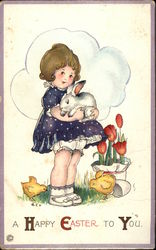 A Happy Easter to You with Girl, Chicks & Bunny With Chicks Postcard Postcard