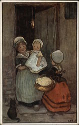 Girl holding baby & girl carrying basket Postcard