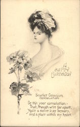 A Happy Birthday with Scarlelt Geranium & Woman Postcard