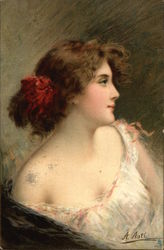 Brown-Haired Woman in White Gown With Red Flower in Hair Postcard