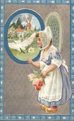 Dutch Girl with Tulips & Windmill Dutch Children Postcard Postcard