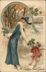 A Happy New Year with Woman Ice Skating Postcard