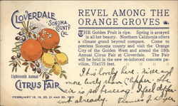 Cloverdale Sonoma County Cal. Eighteenth Annual Citrus Fair, Feb. 18, 19, 20, 21 and 22, 1910 Postcard