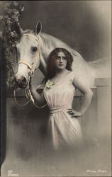 Woman Standing by a Fence with a White Horse Horses Postcard Postcard