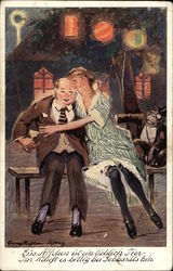 Woman hugging a Man and Monkey sitting on a chair Postcard