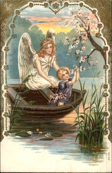 Angel Watching Over Young Child in a Boat Angels Postcard Postcard