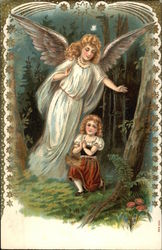 Guardian Angel Looking Out for Little Girl Lost in the Woods Postcard