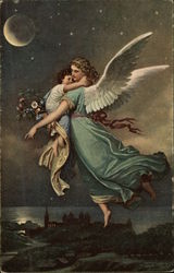 Angel holding Small Child in the Night Sky Angels Postcard Postcard