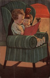 Boy & Girl Reading a Book in a Large Chair Children Postcard Postcard